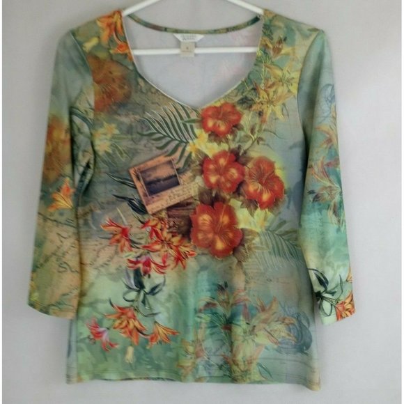 Christopher & Banks Tops - Christopher & Banks Colorful Shirt With Floral Postcard Design Size Small